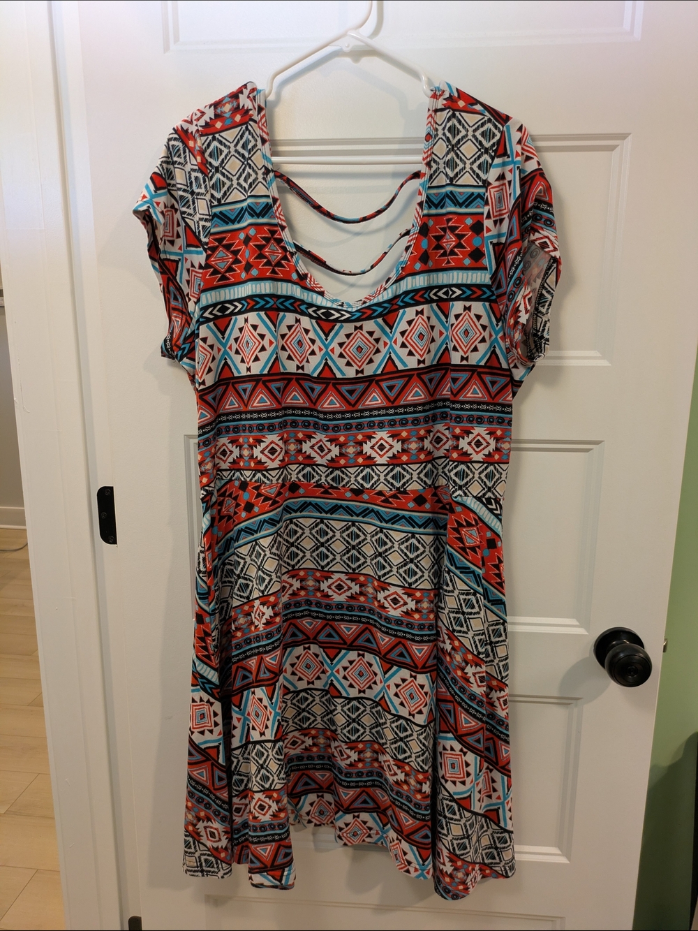🔴 3/$15 Bobbie Brooks One-Shoulder Aztec Print Dress - Orange & Blue